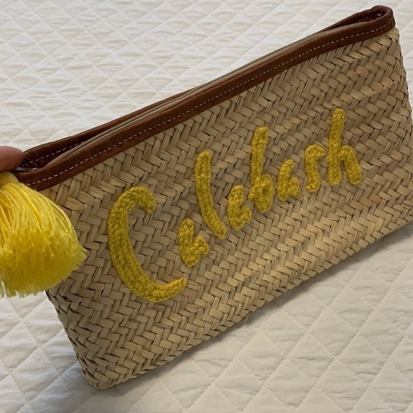 Straw bag clutch purse zippered top yellow tassel pull yellow graphic CELEBASH - Picture 8 of 8